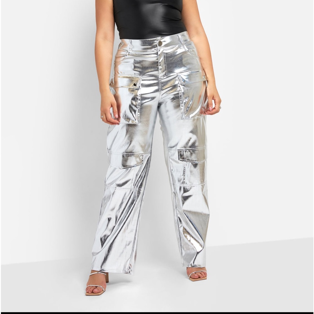 Metallic Wide Leg Cargo Pants